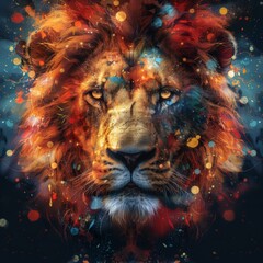 The image is a vibrant and artistic representation of a lion’s head. The fusion of realism with abstract art elements creates a visually striking depiction of the animal