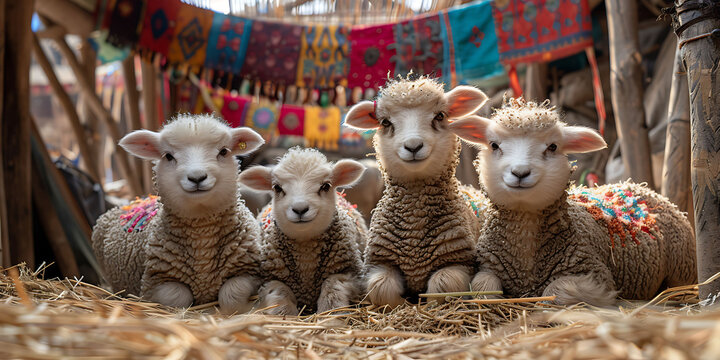 group of lambs in a pen decorated with colorful banners for EidalAdha captured with a wideangle lens to show the festive atmosphere and the community's involvement using vibrant color techniques