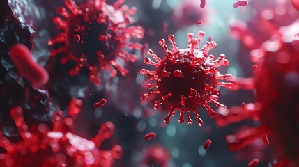 Close-up of red virus particles floating in a dark and murky environment, representing a microscopic view of a viral infection.
