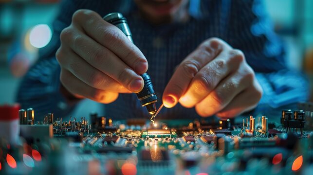 Engineer Soldering Components: Depict a close-up of an engineer soldering electronic components on a circuit board