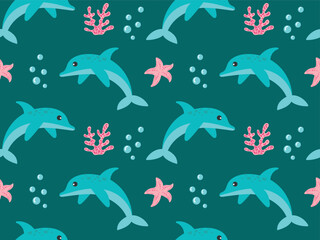 Seamless pattern with cute cartoon dolphins, starfish on a blue background. vector illustration in flat style for textile, wrapping paper, wallpaper, children's walls.