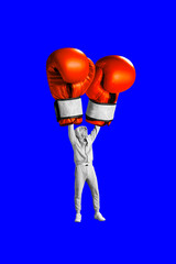 Young man in sportswear raising giant fists in boxing gloves on blue background. Champion, feeling big. Contemporary art collage. Concept of sport, surrealism, creative design, active lifestyle
