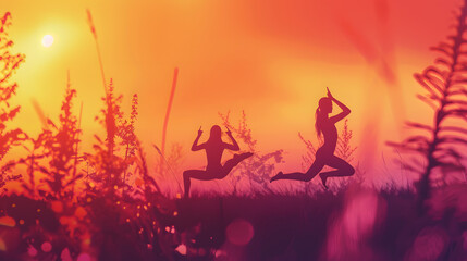 2 people performing yoga poses in nature, background gradient of orange and purple
