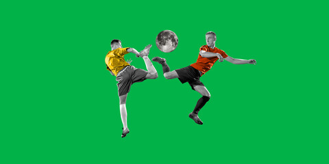Creative game. Two young men, soccer players in uniform playing with moon instead ball on green background. Contemporary art collage. Concept of sport, surrealism, creative design, active lifestyle