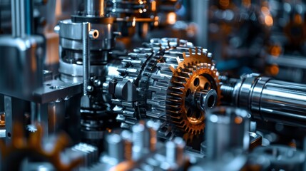 Mechanical Gear Assembly: Illustrate a detailed close-up of interlocking gears in a mechanical assembly,