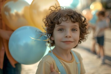 Fototapeta premium Smiling Child Holding Colorful Balloons