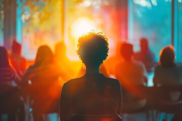 A social worker leading a support group session for teens selective focus, guidance theme, ethereal, overlay, community center backdrop