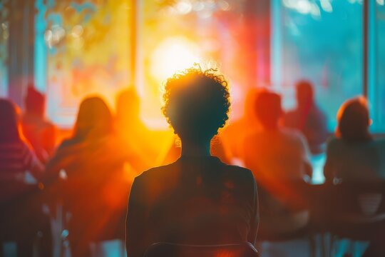 A social worker leading a support group session for teens selective focus, guidance theme, ethereal, overlay, community center backdrop