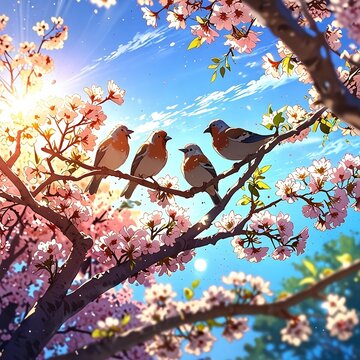 Birds are singing cheerfully in a tree with spring flowers and sunlight shining through.