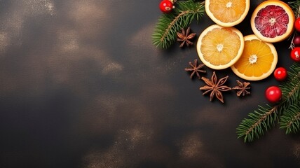 bright flat lay stock Christmas photo with copy space, realistic lighting, photorealistic, generative ai