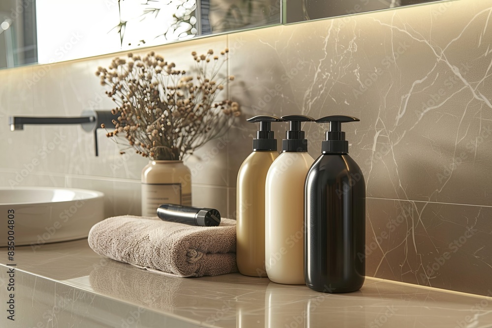 Poster three stylish bottles of shampoo and conditioner sit on a marble countertop in a modern bathroom. ge