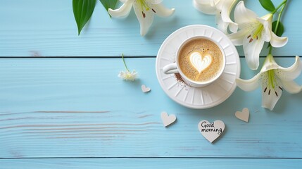 Cup of cappuccino coffee, lily flower, heart with Good morning on blue wooden background, morning of lovers, top view, flat lay