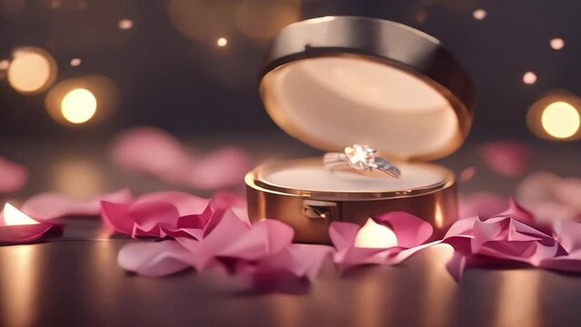 Closeup on a open box showing a diamond ring on a table with rose petals. BLurred bokeh background.