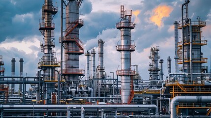 Fototapeta premium industrial oil refinery plant with complex pipe lines heavy industry landscape photography