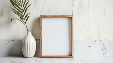 Mockup picture wooden frame and ceramic vase on white marble table in white room, copy space