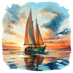 Fototapeta premium Watercolor Framed Sunset Sailboat Illustration, Generative Ai