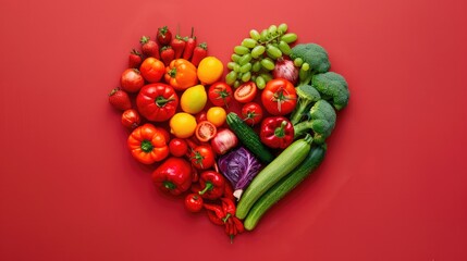 sayuran dan buah-buahan segar membentuk simbol hati di atas kain merah.