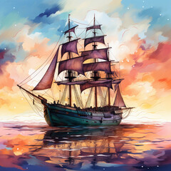 Watercolor Framed Sunset Sailboat Illustration, Generative Ai