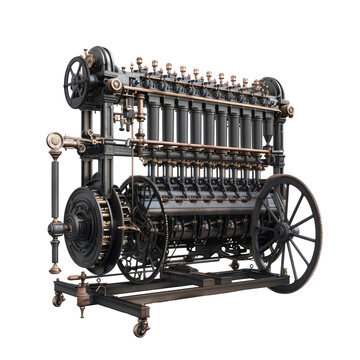Babbage's steam engine model with black wheels and cart on isolated background.