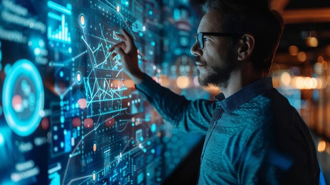 A software developer presenting a new software solution to stakeholders focus on presentation, innovation theme, dynamic, manipulation, conference room backdrop