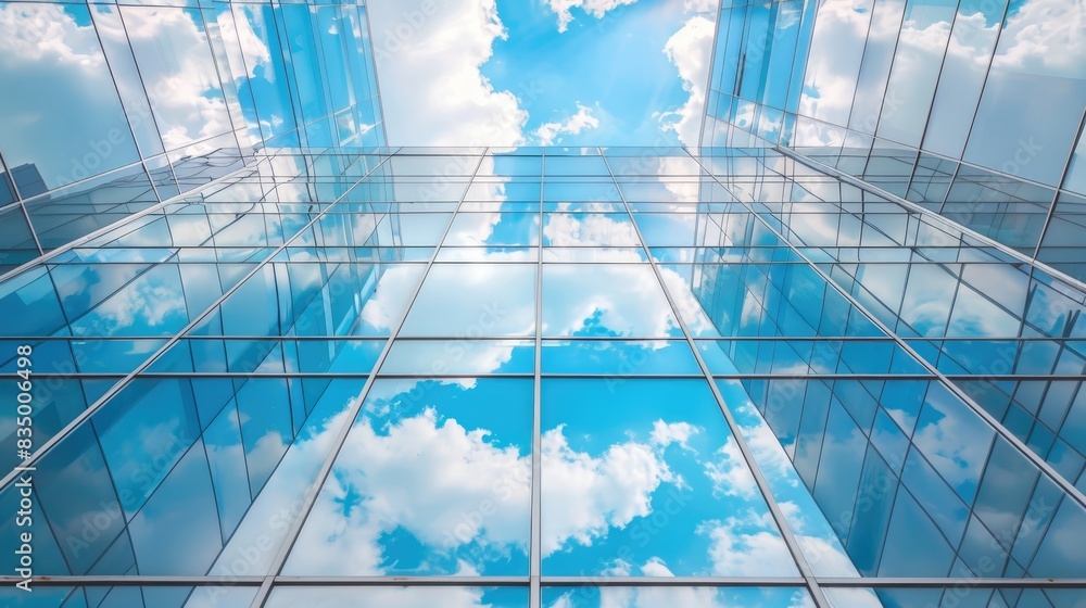 Poster reflection of the sky and clouds on mirrored windows of a contemporary building