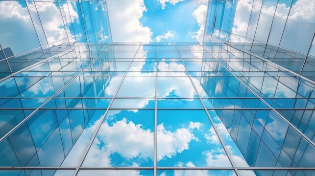 Reflection of the sky and clouds on mirrored windows of a contemporary building