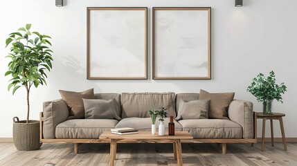 Two square wooden frame mock up with sofa and wooden side table in living room. 3D illustration