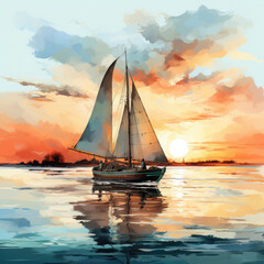 Fototapeta premium Watercolor Framed Sunset Sailboat Illustration, Generative Ai