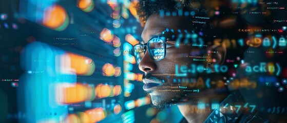 A software developer reviewing code in a collaborative online platform selective focus, peer review theme, whimsical, fusion, digital workspace backdrop