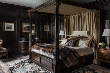 A sophisticated bedroom with dark wood furniture, a canopy bed, and deep, rich colors for a luxurious feel.