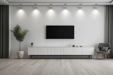 Interior home of living room with TV LED on wooden cabinet on white wall