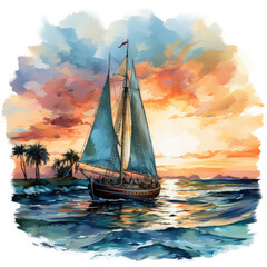 Obraz premium Watercolor Framed Sunset Sailboat Illustration, Generative Ai