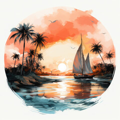 Watercolor Framed Sunset Sailboat Illustration, Generative Ai
