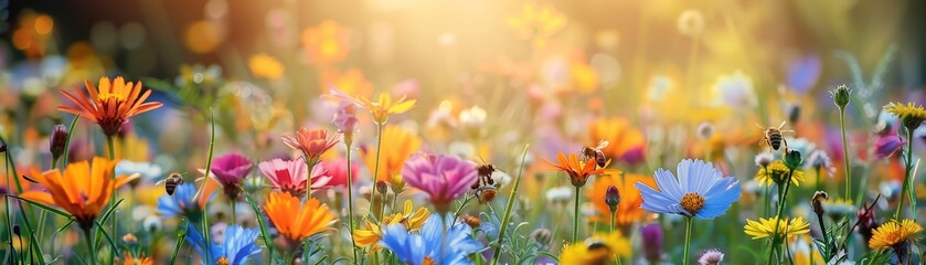 Vibrant Meadow Bursting with Colorful Flowers and Busy Bees Collecting Nectar in a Lively Natural Scene