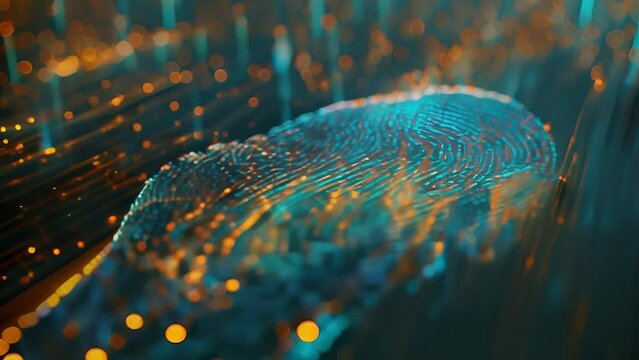 Computer identifies neon fingerprint on digital surface of tech background