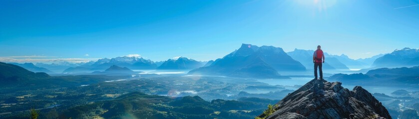 Naklejka premium Serene Mountain Summit: Lone Hiker Gazing at Majestic Landscape of Distant Peaks and Lush Forests under Clear Blue Sky