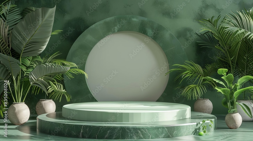 Poster luxurious green podium product display platform with abstract leaf and plant elements 3d rendering