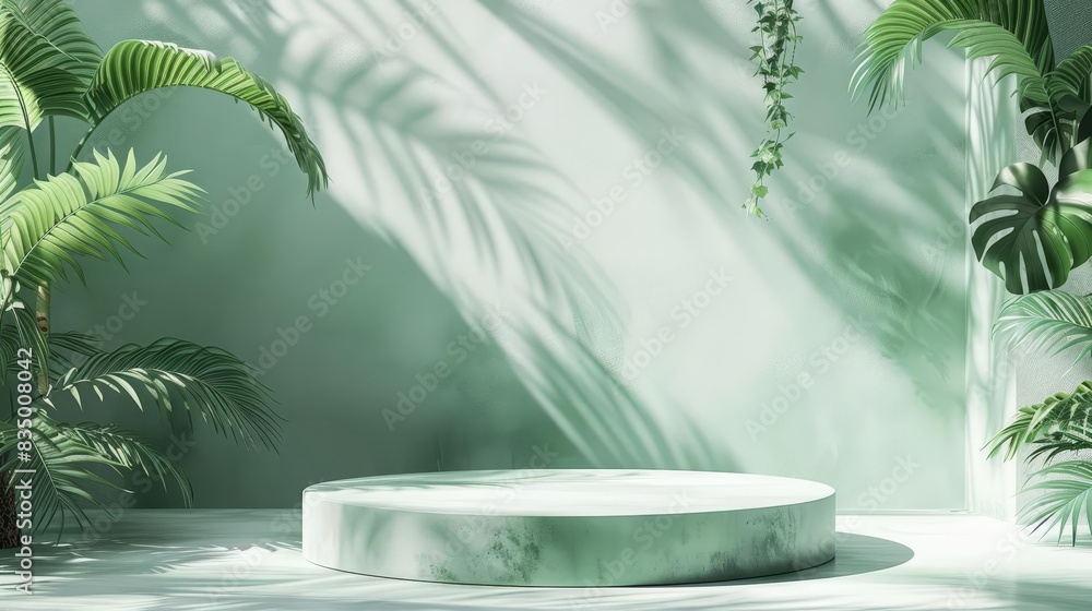 Poster luxurious green podium product display platform with abstract leaf and plant elements 3d rendering