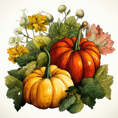 Watercolor Linocut Style Pumpkins Illustration, Generative Ai