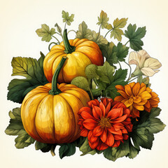 Watercolor Linocut Style Pumpkins Illustration, Generative Ai