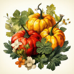 Watercolor Linocut Style Pumpkins Illustration, Generative Ai