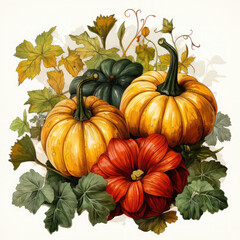 Watercolor Linocut Style Pumpkins Illustration, Generative Ai