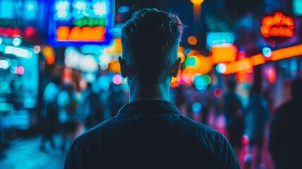 Back view of a person walking in a vibrant, neon-lit street at night, capturing the essence of urban life and nightlife in a bustling city.