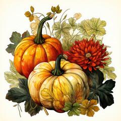 Watercolor Linocut Style Pumpkins Illustration, Generative Ai