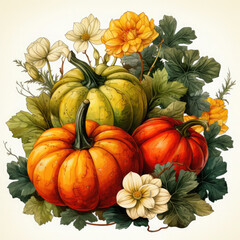Watercolor Linocut Style Pumpkins Illustration, Generative Ai