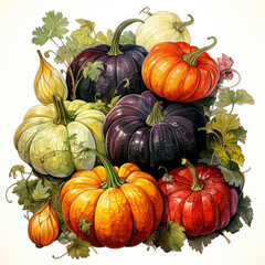 Watercolor Linocut Style Pumpkins Illustration, Generative Ai