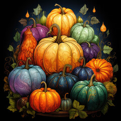 Watercolor Linocut Style Pumpkins Illustration, Generative Ai