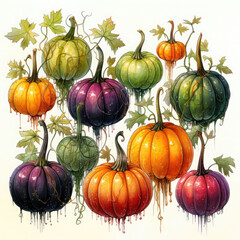 Watercolor Linocut Style Pumpkins Illustration, Generative Ai