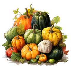 Watercolor Linocut Style Pumpkins Illustration, Generative Ai