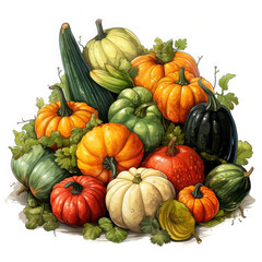 Watercolor Linocut Style Pumpkins Illustration, Generative Ai